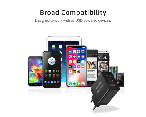 Мережевий зарядний пристрій Essager Fangbo QC3.0 3U (QC+Dual 2.4A) Charging Head black (ECTQC3-FBB01 (ECTQC3-FBB01)