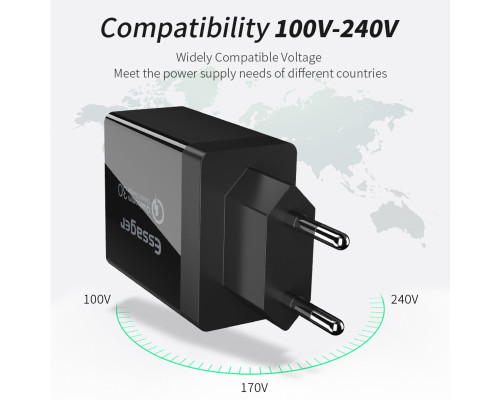 Мережевий зарядний пристрій Essager Fangbo QC3.0 3U (QC+Dual 2.4A) Charging Head black (ECTQC3-FBB01 (ECTQC3-FBB01)