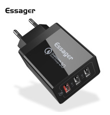 Мережевий зарядний пристрій Essager Fangbo QC3.0 3U (QC+Dual 2.4A) Charging Head black (ECTQC3-FBB01 (ECTQC3-FBB01)