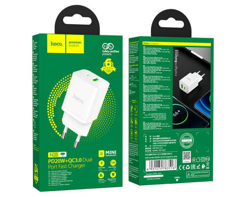 Мережевий зарядний пристрій HOCO N28 Founder PD20W+QC3.0 charger White (6931474783516)