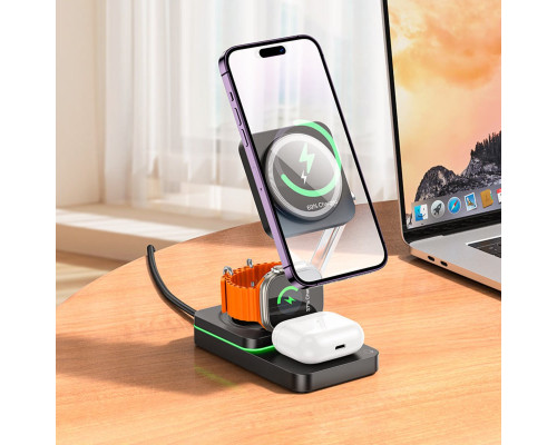 Бездротовий зарядний пристрій HOCO CQ10 Consuelo folding 3-in-1 wireless fast charger Black (6942007618359)