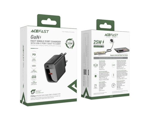 Мережевий зарядний пристрій ACEFAST A104 PD25W GaN single USB-C charger Black (6974316283355)