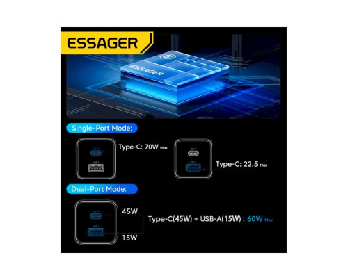 Зарядний пристрій ESSAGER EZCT70 Gan 1USB 1T-C 70W white (EZCT70-YQB02-Z)