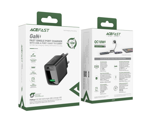 Мережевий зарядний пристрій ACEFAST A90 QC18W GaN single USB-A charger set (P3) (EU) Black (6974316280064)