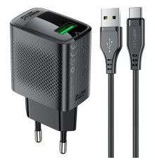 Мережевий зарядний пристрій ACEFAST A90 QC18W GaN single USB-A charger set (P3) (EU) Black (6974316280064)
