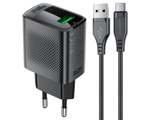 Мережевий зарядний пристрій ACEFAST A90 QC18W GaN single USB-A charger set (P3) (EU) Black (6974316280064)