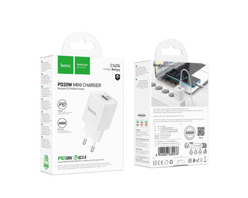 Мережевий зарядний пристрій HOCO C147A Charm PD20W+QC3.0 charger (EU) White (6942007630276)