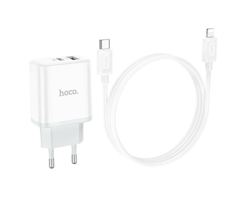 Мережевий зарядний пристрій HOCO C105A Stage dual port PD20W+QC3.0 charger set (C to iP)(EU) White (6931474782939)
