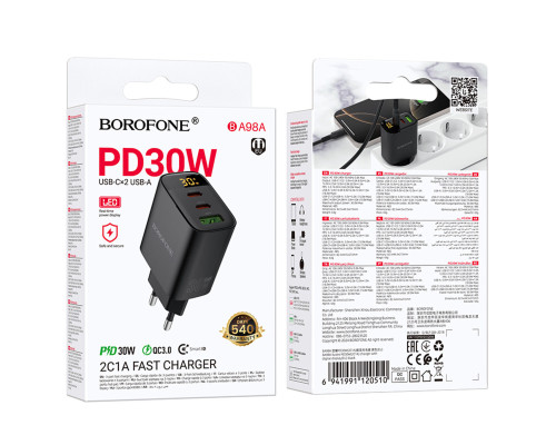 Мережевий зарядний пристрій BOROFONE BA98A Ilustre PD30W (2C1A) charger with digital display (EU) Black (6941991120510)