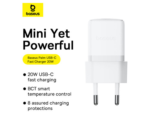 Мережевий зарядний пристрій Baseus Palm Fast Charger 1C 20W EU Moon White (with Baseus Mini White Cable USB-C to USB-C 60W (20V/3A) 1m Moon White) (P10111602213-01)