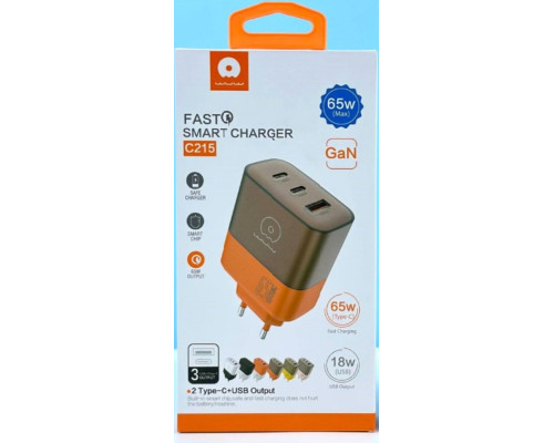 Мережевий зарядний пристрій WUW-C215 65W Charger 2 USB C + USB A brown orange (C215BO)