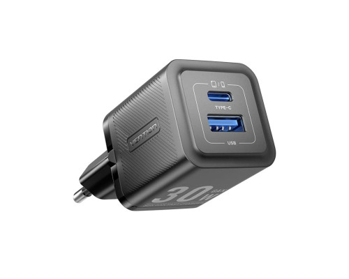 Мережевий зарядний пристрій Vention 2-Port USB (C + A) GaN Charger (30W/30W) EU-Plug Black (FEQB0-EU)
