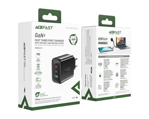 Мережевий зарядний пристрій ACEFAST A41 PD65W GaN (2*USB-C+USB-A) charger Black (AFA41B)