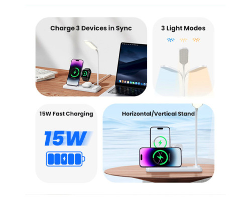 Бездротовий зарядний пристрій Usams US-CD195 15W 4in1 Wireless Charging Holder With Table Lamp (CD195WXC01)