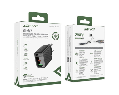 Мережевий зарядний пристрій ACEFAST A78 PD20W GaN (USB-A+USB-C) charger Black (6974316283256)