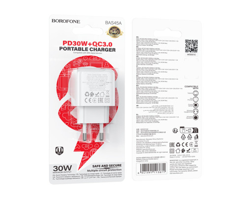 Мережевий зарядний пристрій BOROFONE BAS45A Potential PD30W+QC3.0 charger(EU) White (6941991113871)