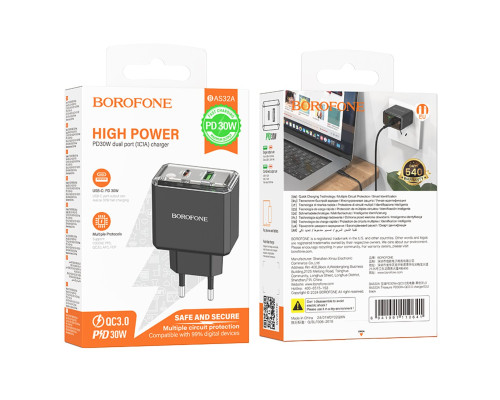 Мережевий зарядний пристрій BOROFONE BAS32A Treasure PD30W+QC3.0 charger(EU) Black (6941991110641)