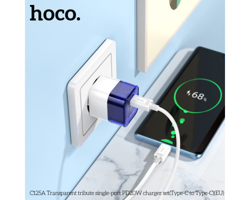 Мережевий зарядний пристрій HOCO C125A Transparent tribute single-port PD20W charger set(Type-C to Type-C) Transparent Blue (6931474798381)