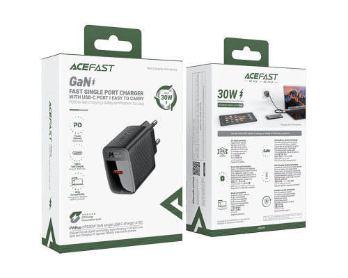 Мережевий зарядний пристрій ACEFAST A102 PD30W GaN single USB-C charger (EU) Black (6974316283287)