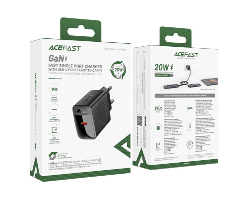 Мережевий зарядний пристрій ACEFAST A82 PD20W GaN single USB-C charger set (P5) (EU) Black (6974316280057)