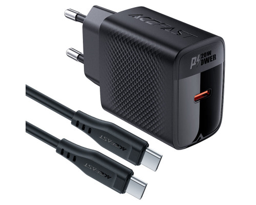Мережевий зарядний пристрій ACEFAST A82 PD20W GaN single USB-C charger set (P5) (EU) Black (6974316280057)