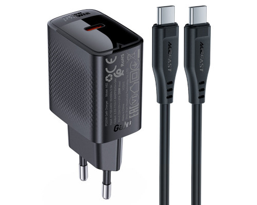 Мережевий зарядний пристрій ACEFAST A82 PD20W GaN single USB-C charger set (P5) (EU) Black (6974316280057)