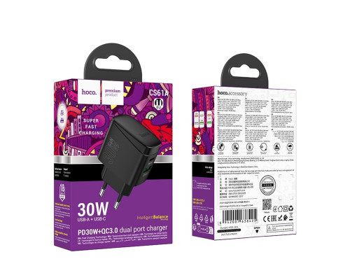 Мережевий зарядний пристрій HOCO CS61A Bright PD30W+QC3.0 charger (EU) Black (6942007638425)