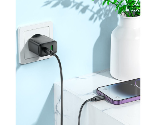 Мережевий зарядний пристрій HOCO CS23A Sunlight dual-port PD30W+QC3.0 charger set (C to iP)(EU) Black (6942007609951)