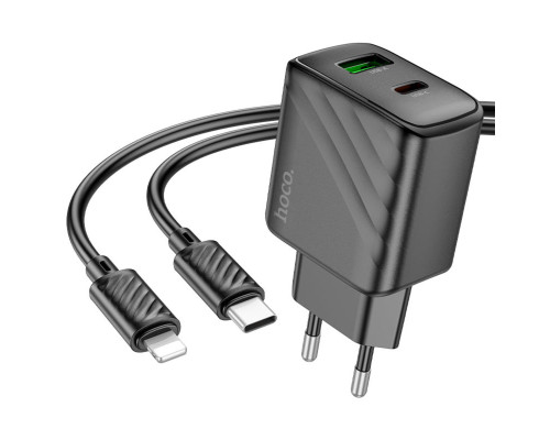 Мережевий зарядний пристрій HOCO CS23A Sunlight dual-port PD30W+QC3.0 charger set (C to iP)(EU) Black (6942007609951)