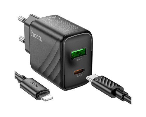 Мережевий зарядний пристрій HOCO CS23A Sunlight dual-port PD30W+QC3.0 charger set (C to iP)(EU) Black (6942007609951)