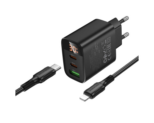 Мережевий зарядний пристрій BOROFONE BA98A Ilustre PD30W (2C1A) charger with digital display set (C to iP) (EU) Black (6941991120527)
