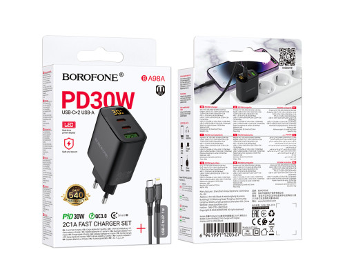 Мережевий зарядний пристрій BOROFONE BA98A Ilustre PD30W (2C1A) charger with digital display set (C to iP) (EU) Black (6941991120527)