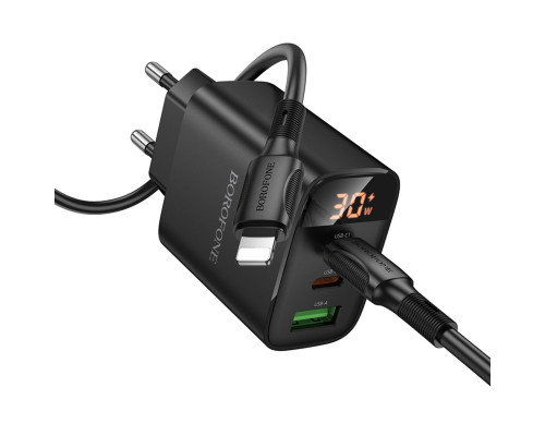 Мережевий зарядний пристрій BOROFONE BA98A Ilustre PD30W (2C1A) charger with digital display set (C to iP) (EU) Black (6941991120527)