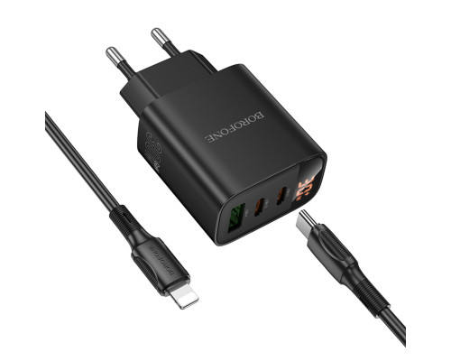 Мережевий зарядний пристрій BOROFONE BA98A Ilustre PD30W (2C1A) charger with digital display set (C to iP) (EU) Black (6941991120527)