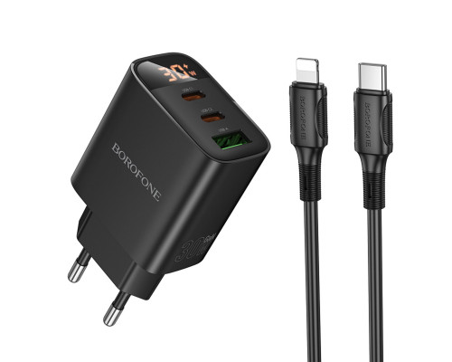 Мережевий зарядний пристрій BOROFONE BA98A Ilustre PD30W (2C1A) charger with digital display set (C to iP) (EU) Black (6941991120527)