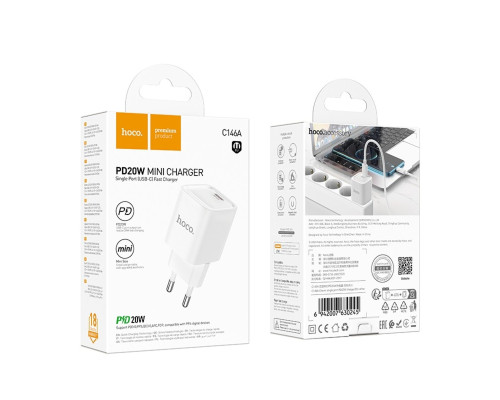 Мережевий зарядний пристрій HOCO C146A Charm single port PD20W charger (EU) White (6942007630245)