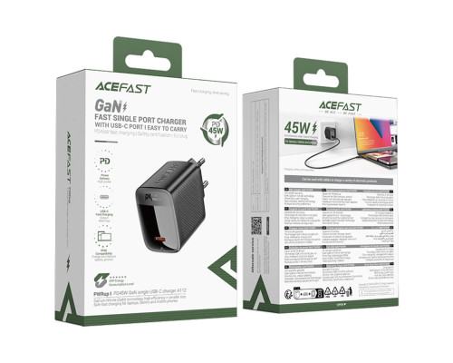 Мережевий зарядний пристрій ACEFAST A112 PD45W GaN single USB-C charger (EU) Black (6974316284055)