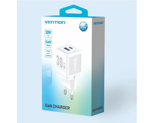 Мережевий зарядний пристрій Vention 2-Port USB (C + A) GaN Charger (30W/30W) EU-Plug White (FEQW0-EU)