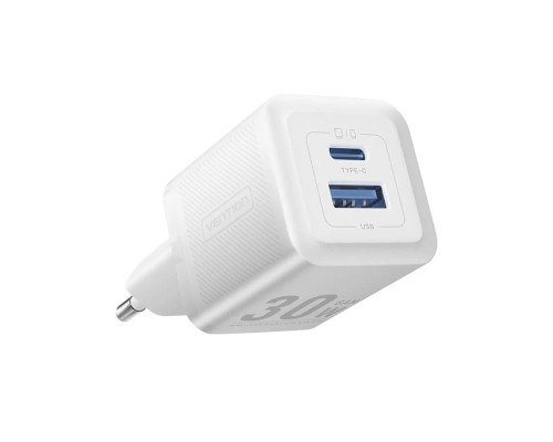 Мережевий зарядний пристрій Vention 2-Port USB (C + A) GaN Charger (30W/30W) EU-Plug White (FEQW0-EU)