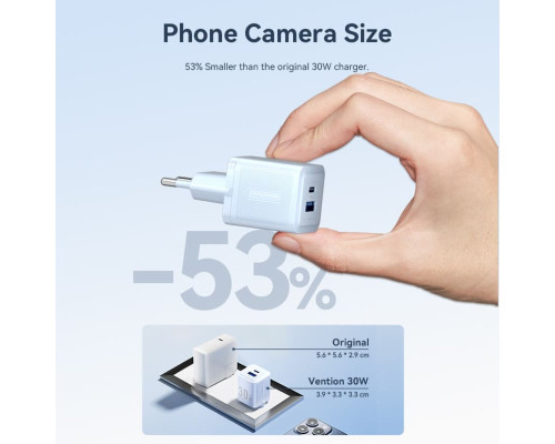 Мережевий зарядний пристрій Vention 2-Port USB (C + A) GaN Charger (30W/30W) EU-Plug White (FEQW0-EU)