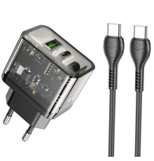 Мережевий зарядний пристрій HOCO N34 Dazzling dual-port PD20W+QC3.0 charger set(Type-C to Type-C) Transparent Black (6931474799180)