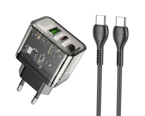 Мережевий зарядний пристрій HOCO N34 Dazzling dual-port PD20W+QC3.0 charger set(Type-C to Type-C) Transparent Black (6931474799180)