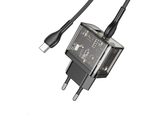 Мережевий зарядний пристрій HOCO N34 Dazzling dual-port PD20W+QC3.0 charger set(Type-C to Type-C) Transparent Black (6931474799180)