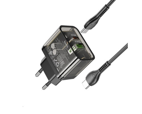 Мережевий зарядний пристрій HOCO N34 Dazzling dual-port PD20W+QC3.0 charger set(Type-C to Type-C) Transparent Black (6931474799180)