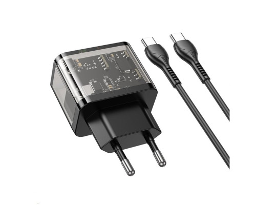Мережевий зарядний пристрій HOCO N34 Dazzling dual-port PD20W+QC3.0 charger set(Type-C to Type-C) Transparent Black (6931474799180)