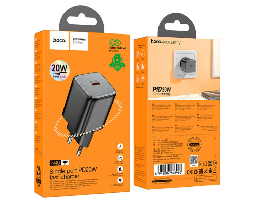 Мережевий зарядний пристрій HOCO N40 Mighty single port PD20W charger Black (6942007616966)