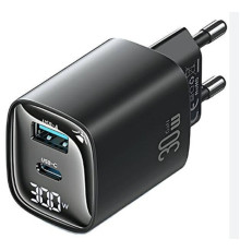Зарядний пристрій Usams CC229 30W GaN 1USB A 1 Type-C Display Fast Charger black (CC229TC01)