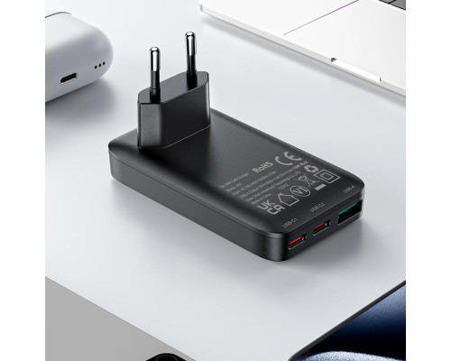 Мережевий зарядний пристрій ACEFAST A100 PD65W GaN 2C+A ultra-thin Charger Black (6974316283492)