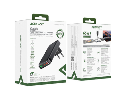 Мережевий зарядний пристрій ACEFAST A100 PD65W GaN 2C+A ultra-thin Charger Black (6974316283492)
