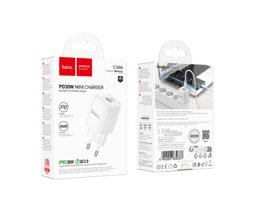 Мережевий зарядний пристрій HOCO C149A Charm PD30W+QC3.0 charger (EU) White (6942007630337)